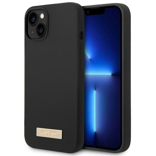 Guess Hülle für iPhone 14 6,1" /Schwarz hard Case Silikon Logo Plate MagSafe