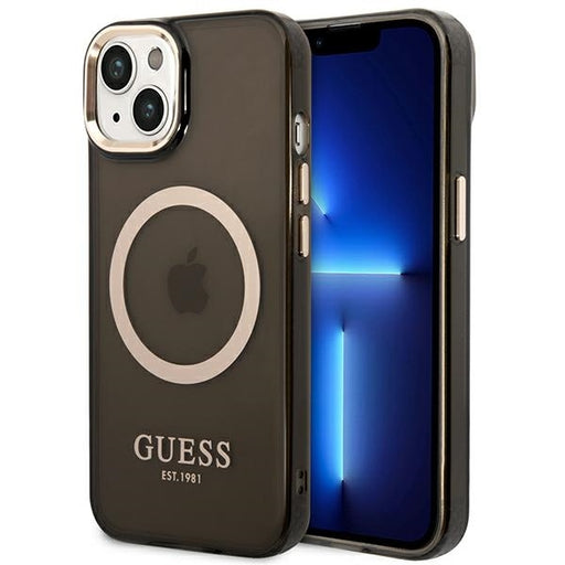 Guess Hülle für iPhone 14 6,1" /Schwarz hard Case Gold Outline Translucent MagSafe