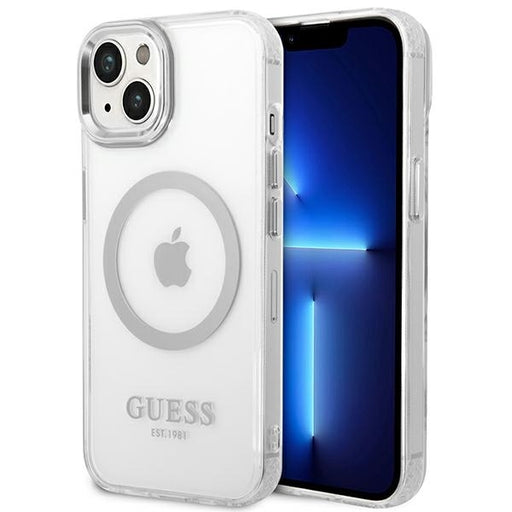 Guess Hülle für iPhone 14 6,1" /Silber hard Case Metal Outline Magsafe