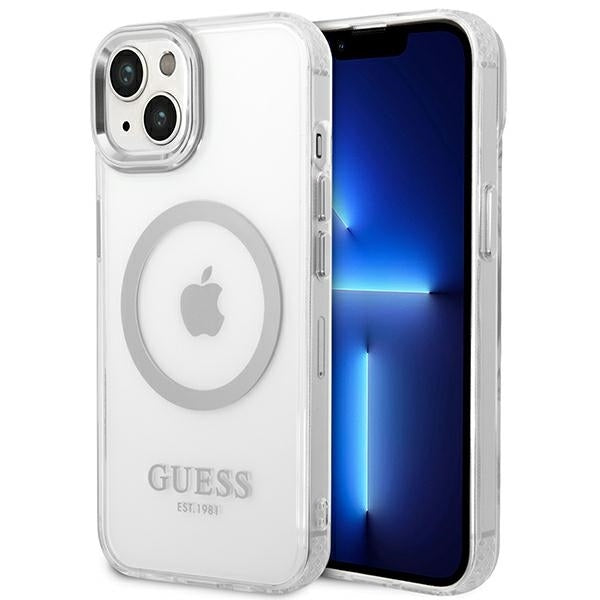 Guess Hülle für iPhone 14 Plus 6,7" /Silber hard Case Metal Outline Magsafe