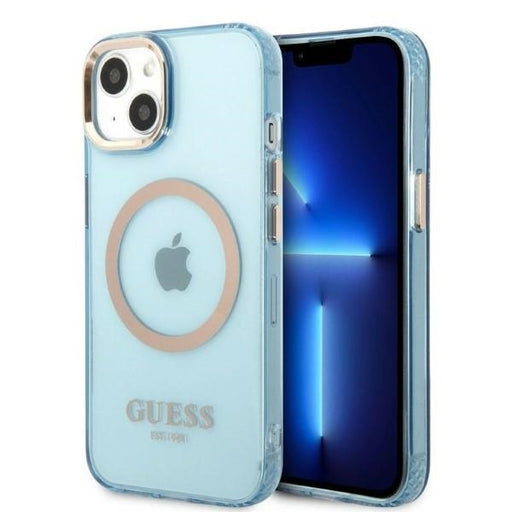 Guess Hülle für iPhone 13 6,1" /blau hard Case Gold Outline Translucent MagSafe
