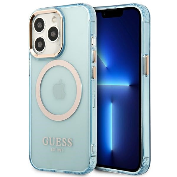 Guess Hülle für iPhone 13 Pro / 13 6,1" /blau hard Case Gold Outline Translucent MagSafe