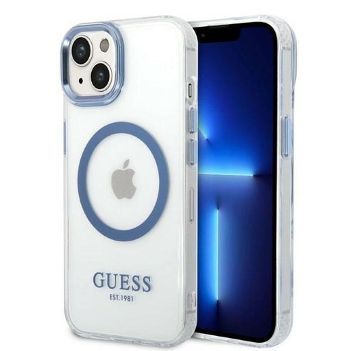 Guess Hülle für iPhone 14 Plus 6,7" /blau hard Case Metal Outline Magsafe