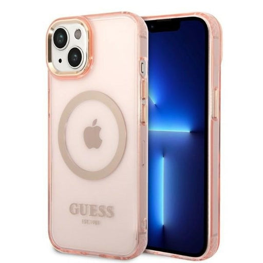 Guess Hülle für iPhone 14 Plus 6,7" /Rosa hard Case Gold Outline Translucent MagSafe