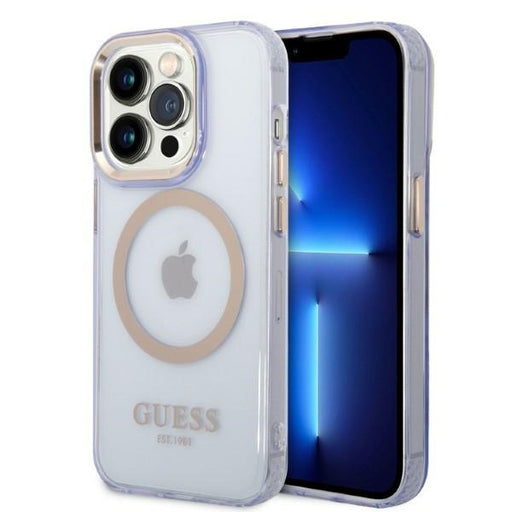 Guess Hülle für iPhone 14 Pro Max 6,7" /Lila hard Case Gold Outline Translucent MagSafe