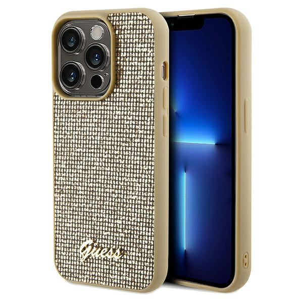 Guess Hülle für iPhone 14 Pro Max gold hardcase Disco Metal Script