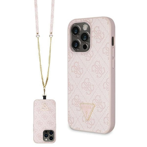 iPhone 15 Pro Hülle Guess PU 4G Strass Triangle Metal Logo Case + Crossbody Strap rosa