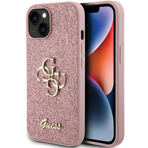 Guess iPhone 15 Plus Silikonhülle - Big 4G - Fixed Glitter - Rosa