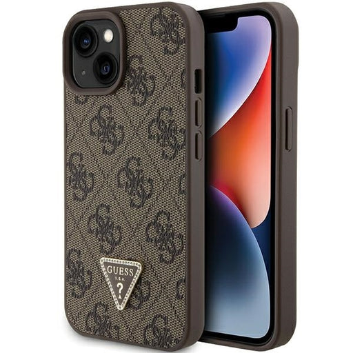 Guess iPhone 15 Hülle Hardcase - 4G Triangle - Strass - Braun