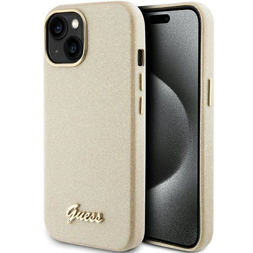 Guess iPhone 15 Silikonhülle - Glitter Glossy Script - Gold