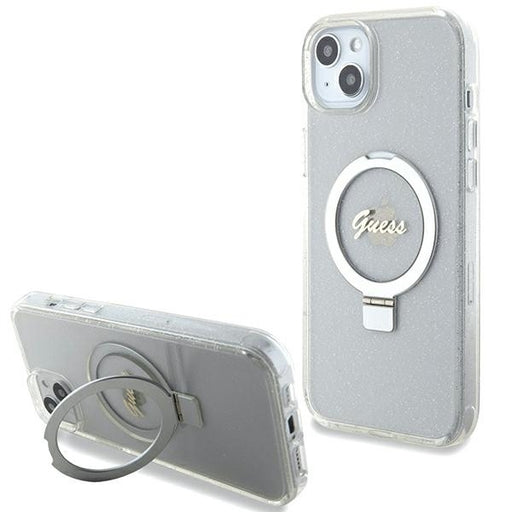 Guess Hülle für iPhone 15 Plus / 14 Plus 6.7" transparent hardcase Ring Stand Script Glitter MagSafe