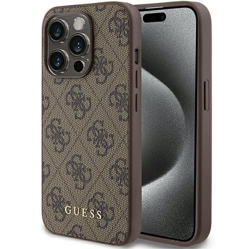 Guess Hülle für iPhone 15 Pro 6.1" Braun hard case 4G Metal Gold Logo