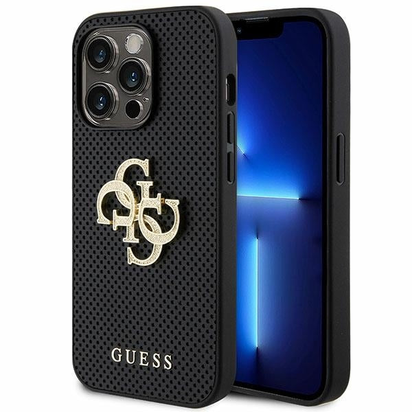 Guess Hülle für iPhone 15 Pro Max 6.7"schwarz hardcase Leder Perforated 4G Glitter Logo