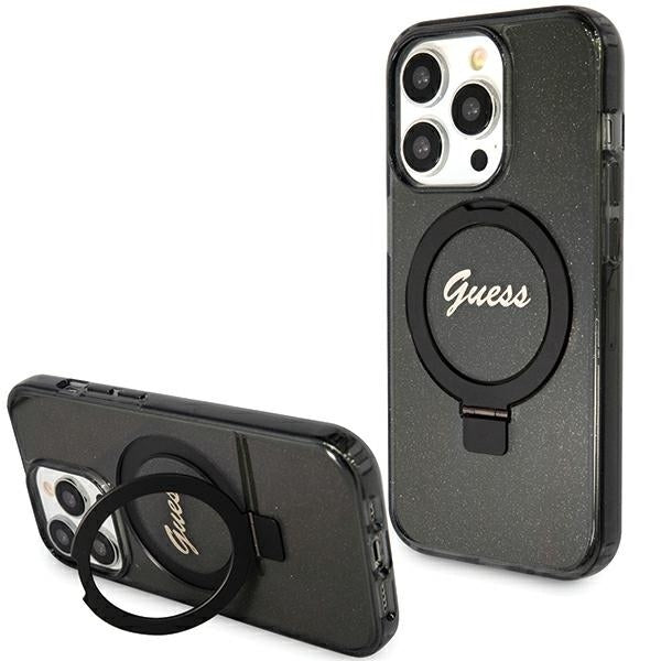 Guess Hülle für iPhone 15 Pro 6.1"schwarz hardcase Ring Stand Script Glitter MagSafe