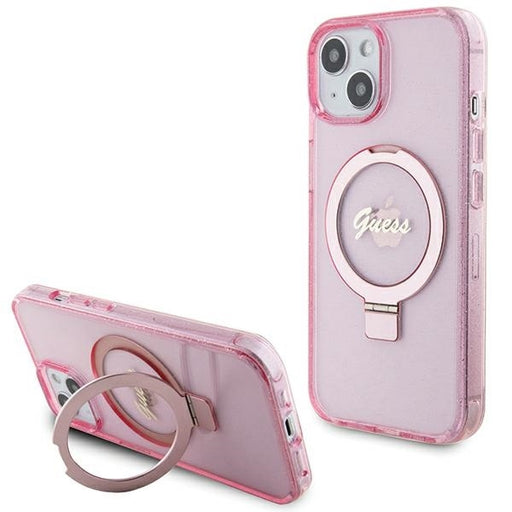 Guess Hülle für iPhone 15 Plus / 14 Plus 6.7" Rosa hardcase Ring Stand Script Glitter MagSafe