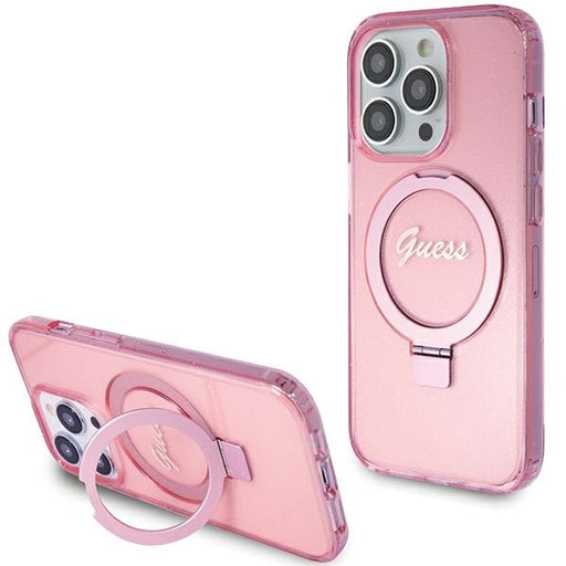 Guess Hülle für iPhone 15 Pro Max 6.7" Rosa hardcase Ring Stand Script Glitter MagSafe