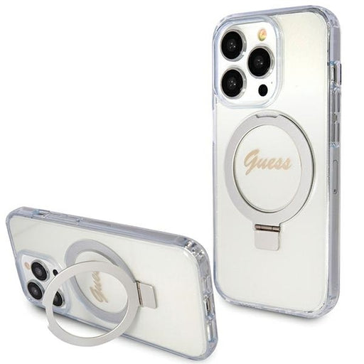 Guess Hülle für iPhone 15 Pro 6.1" transparent hardcase Ring Stand Script Glitter MagSafe