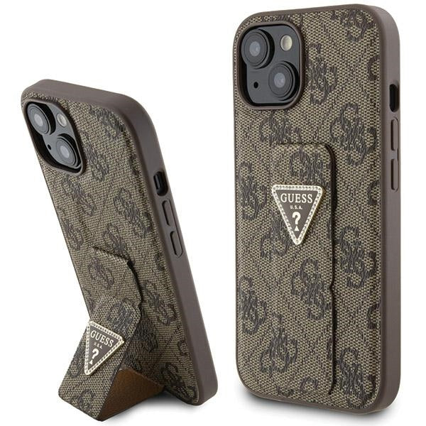 Guess Hülle für iPhone 15 / 14 / 13 6.1" Braun hardcase Grip Stand 4G Triangle Strass