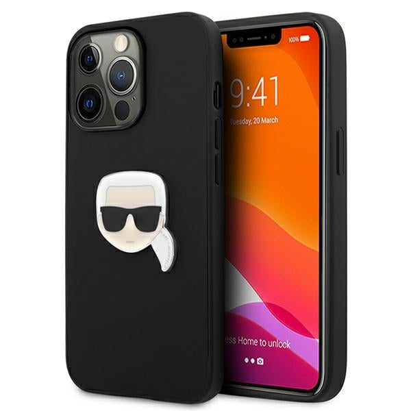 Karl Lagerfeld Hülle für iPhone 13 Pro / 13 6,1" /schwarz Case leder Ikonik Karl`s Head Metal