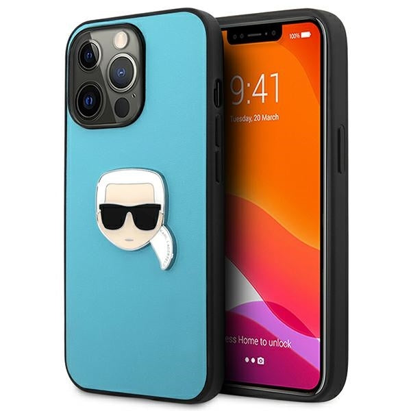 Karl Lagerfeld Hülle für iPhone 13 Pro / 13 6,1" /blau Case leder Ikonik Karl`s Head Metal