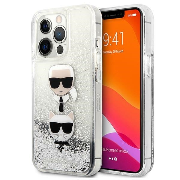 Karl Lagerfeld Hülle für iPhone 13 Pro / 13 6,1" /Silber Case Liquid Glitter Karl&Choupette Head