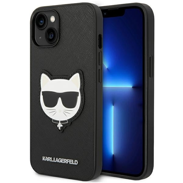 Karl Lagerfeld Hülle für iPhone 14 6,1" Case /Schwarz Saffiano Choupette Head Patch