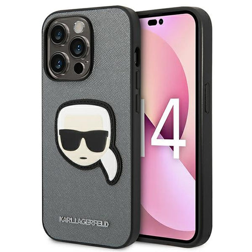 Karl Lagerfeld Hülle für iPhone 14 Pro 6,1" /Silber Case Saffiano Karl`s Head Patch