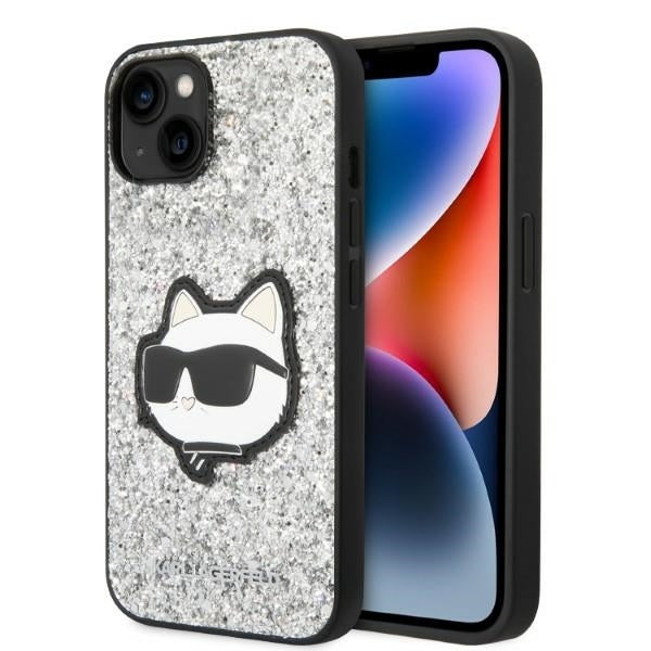 Karl Lagerfeld Hülle für iPhone 14 6,1" /Silber Case Glitter Choupette Patch