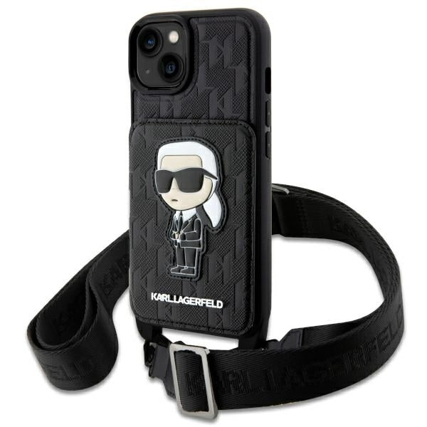 Karl Lagerfeld Hülle für iPhone 14 / 15 / 13 hardcase Schwarz Crossbody Saffiano Monogram Ikonik