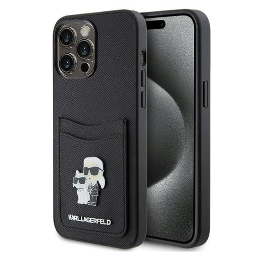 Karl Lagerfeld Hülle für iPhone 15 Pro Max Schwarz hardcase Saffiano Cardslot KC Metal Pin