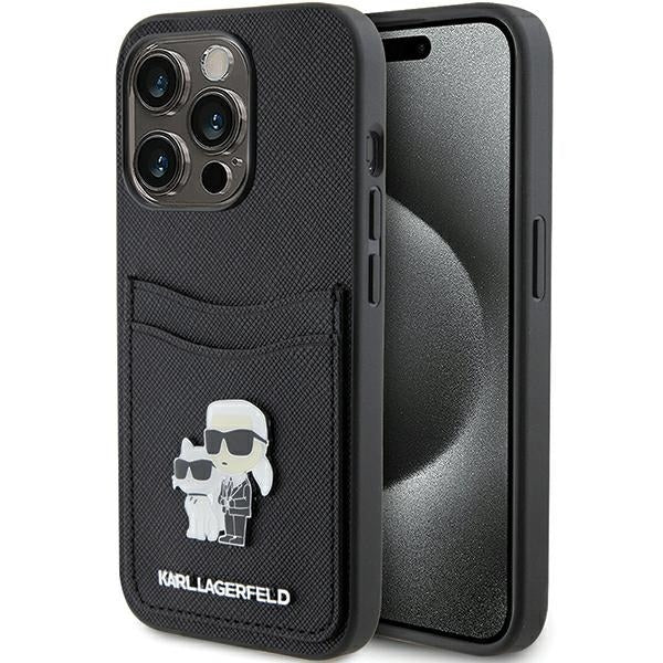 Karl Lagerfeld Hülle für iPhone 15 Pro Schwarz hardcase Saffiano Cardslot Karl&Choupette Metal Pin