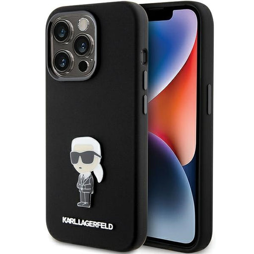 Karl Lagerfeld Hülle für iPhone 15 Pro Schwarz Silikon Ikonik Metal Pin