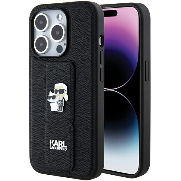 Karl Lagerfeld Hülle für iPhone 15 Pro Max Schwarz hardcase Gripstand Saffiano Karl&Choupette Pins