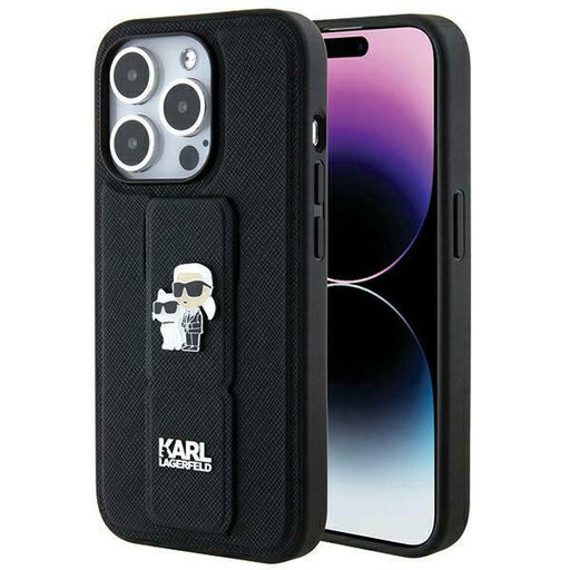 Karl Lagerfeld Hülle für iPhone 14 Pro Schwarz hardcase Gripstand Saffiano Karl&Choupette Pins