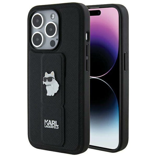 Karl Lagerfeld Hülle für iPhone 14 Pro Schwarz hardcase Gripstand Saffiano Choupette Pins