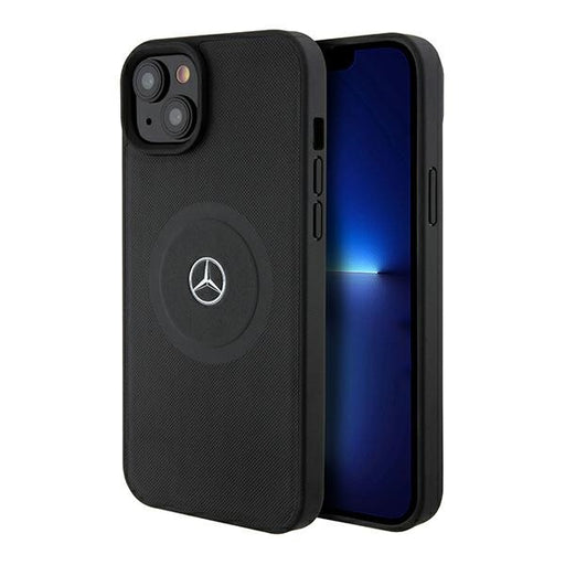 Mercedes Hülle für iPhone 15 6.1"schwarz hardcase Crossed Lines Pattern Leder MagSafe