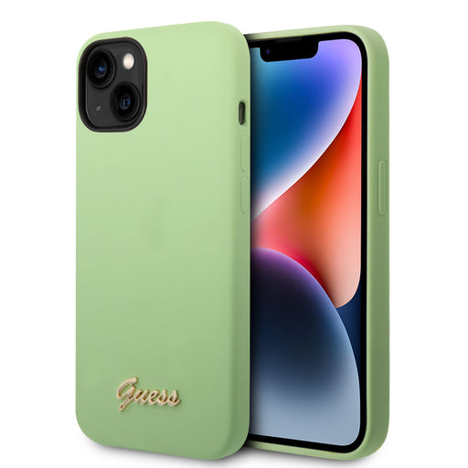 Guess Hülle für iPhone 14 Silikonhülle - Metal logo - Grün