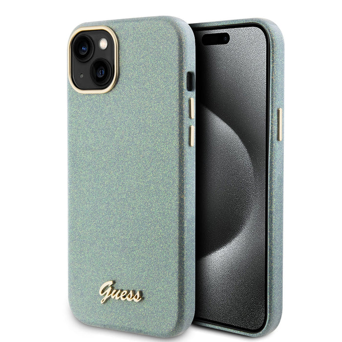 Guess iPhone 15 Plus Silikonhülle - Glitter Glossy Script - Khaki