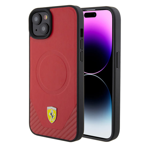 Ferrari Hülle für iPhone 15 Plus Hardcase-Rückseite - Magsafe - Karbon - Rot