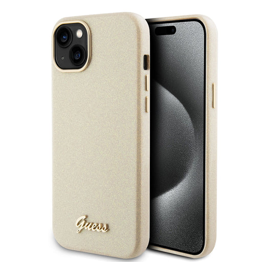 Guess iPhone 15 Plus Silikonhülle - Glitter Glossy Script - Gold