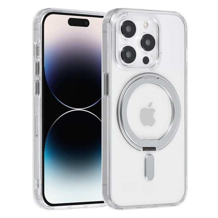 UNIQ Hülle für iPhone 14 Pro Silikonhülle - Magsafe-kompatibler - um 360 Grad drehbarer Ständer - Transparent - Silber