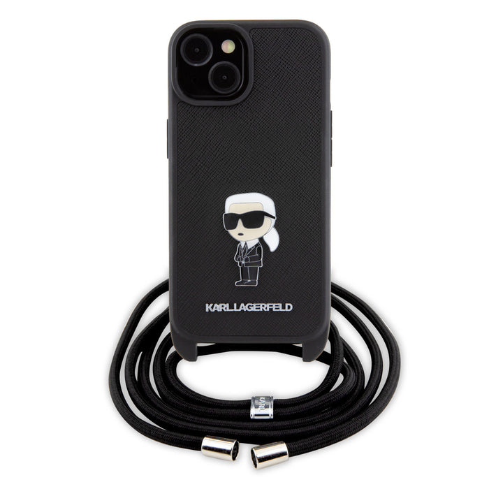 Karl lagerfeld Hülle für iPhone 15 Plus TPU Hardcase-Rückseite - Saffiano - Ikonik Metal Pin - Crossbody - Schwarz