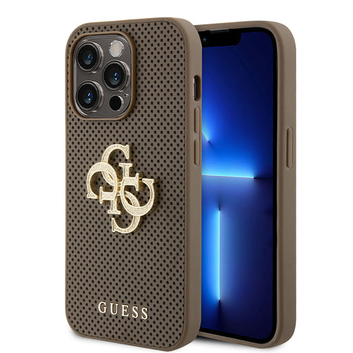 Guess Hülle PU Perforated 4G Glitter Metal Logo Hülle Für iPhone 15 Pro Taupe