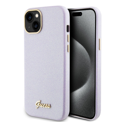 Guess iPhone 15 Plus Silikonhülle - Glitter Glossy Script - Lila