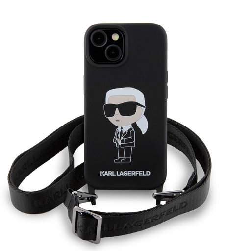 Karl Lagerfeld Liquid Silikon Crossbody Ikonik Hülle Für iPhone 15 Schwarz (Pošk. Balení)