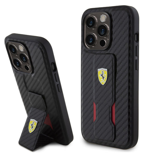 Ferrari Karbon Grip Stand Hülle Für iPhone 15 Pro Max Schwarz