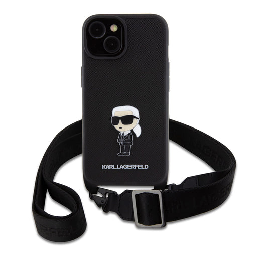 Karl Lagerfeld Saffiano Crossbody Metal Ikonik Hülle Für iPhone 15 Schwarz