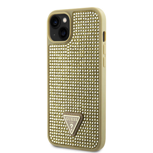 Guess Hülle Rhinestones Triangle Metal Logo Hülle für iPhone 15 Gold