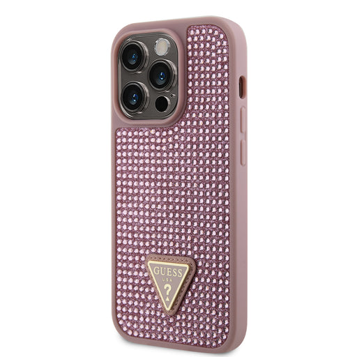 Guess Hülle Rhinestones Triangle Metal Logo Hülle für iPhone 15 Pro Rosa
