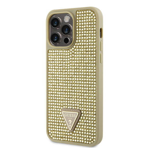 Guess Hülle Rhinestones Triangle Metal Logo Hülle für iPhone 15 Pro Max Gold